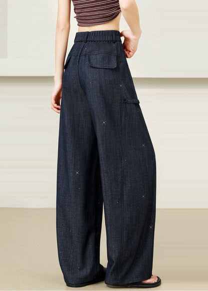 Elegant Navy Oversized Star Sequins Cotton Pants Fall
