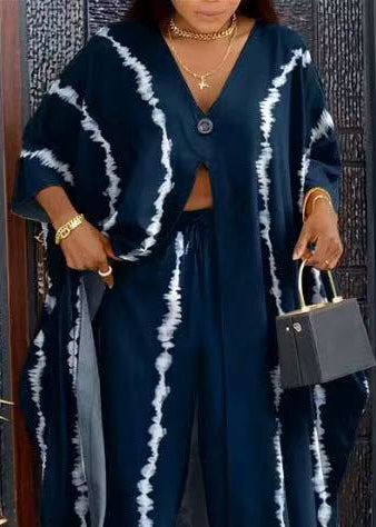 Elegant Navy Oversized Tie Dye Cotton Two Pieces Set Summer