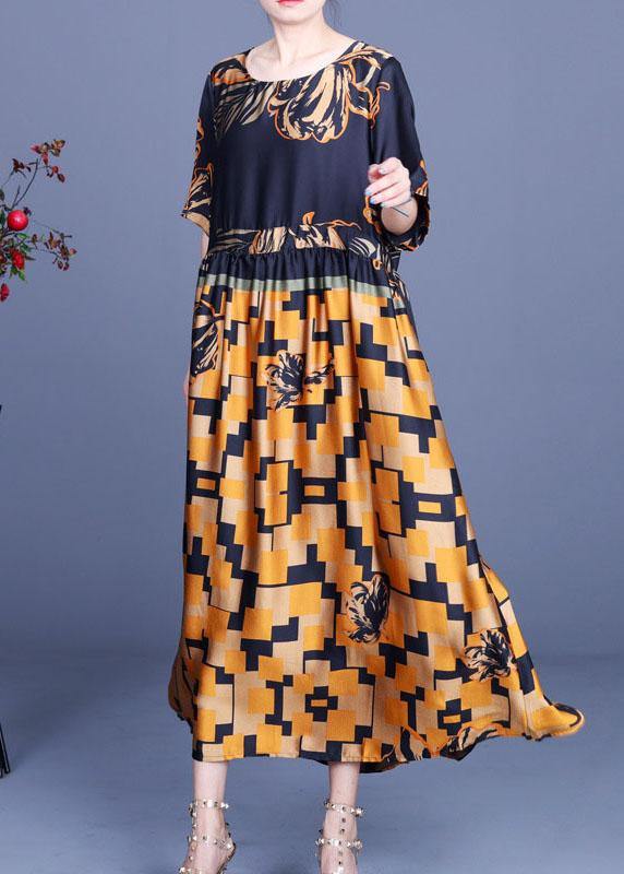 Elegant Navy Print Silk Tie Waist Mid Dress Summer - SooLinen