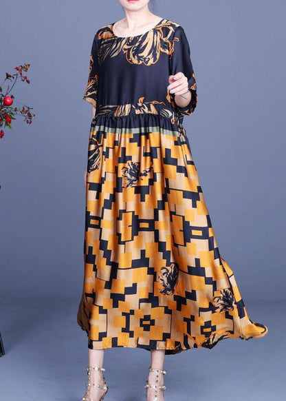 Elegant Navy Print Silk Tie Waist Mid Dress Summer - SooLinen