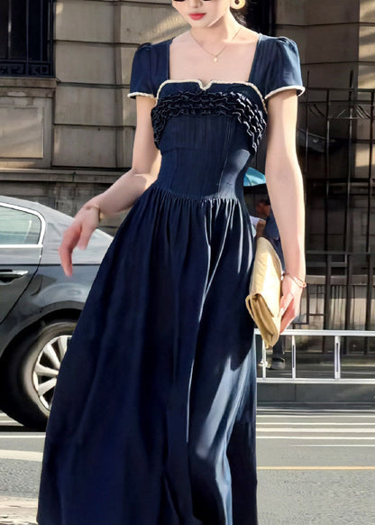 Elegant Navy Ruffled Exra Large Hem Denim Long Dress Summer