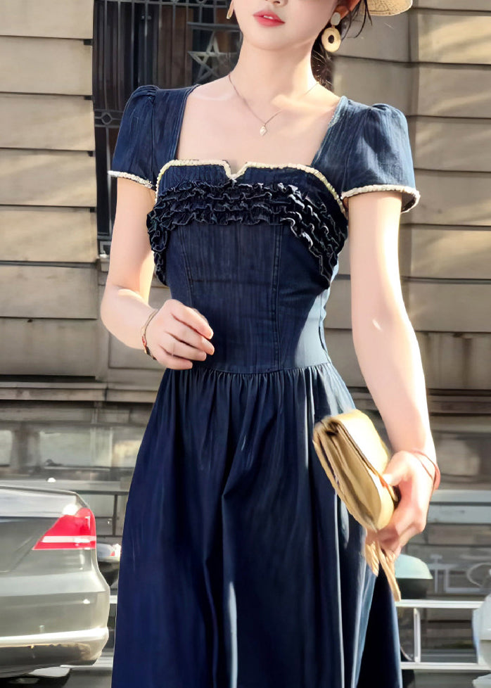 Elegant Navy Ruffled Exra Large Hem Denim Long Dress Summer