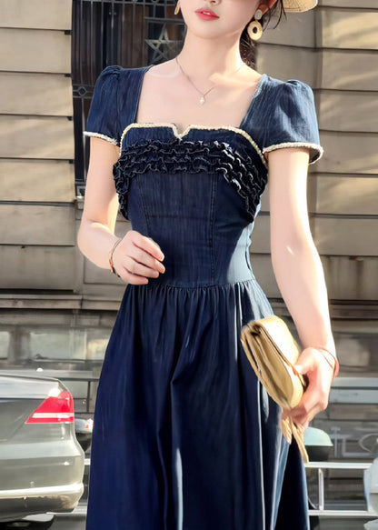 Elegant Navy Ruffled Exra Large Hem Denim Long Dress Summer