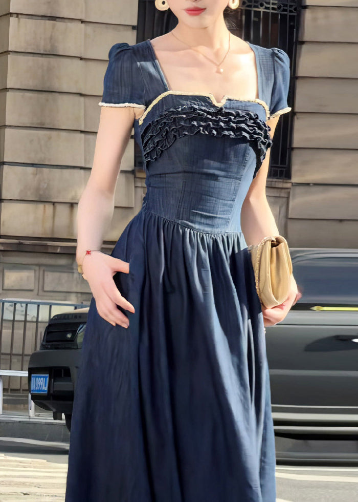 Elegant Navy Ruffled Exra Large Hem Denim Long Dress Summer