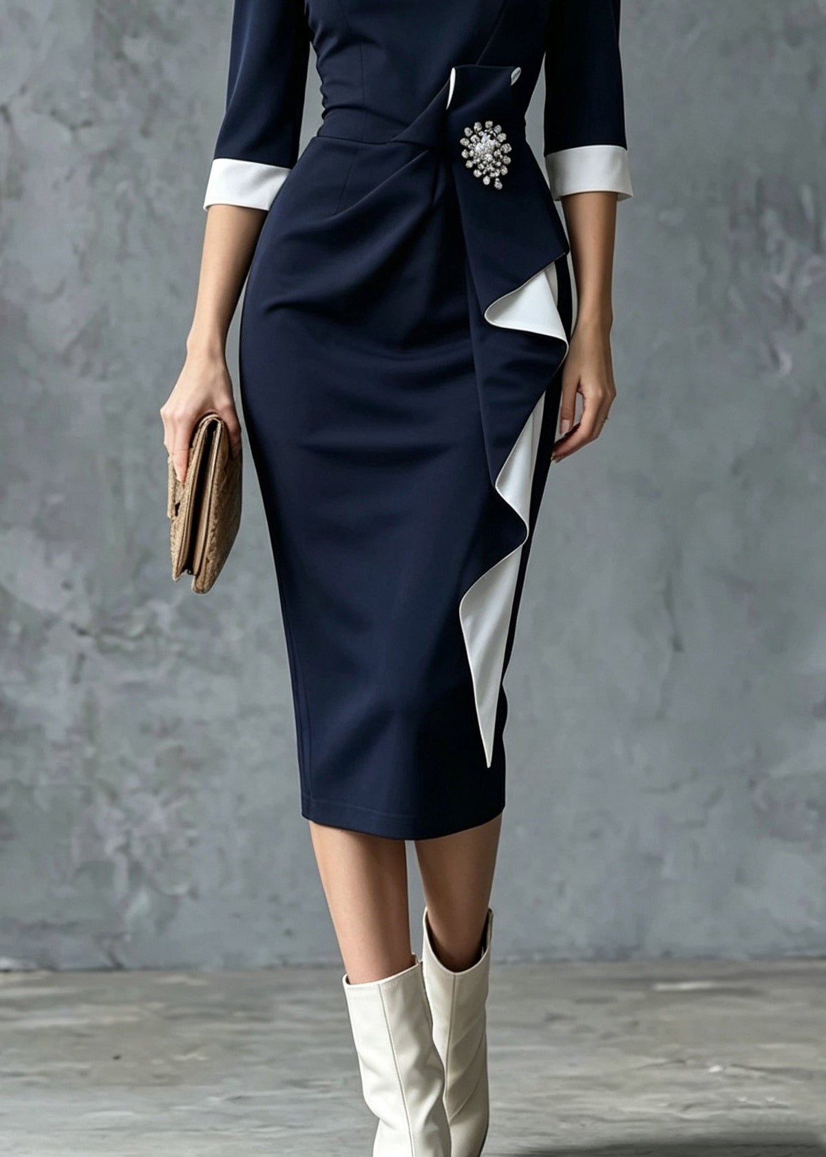 Elegant Navy Ruffled Patchwork Long Dress Summer