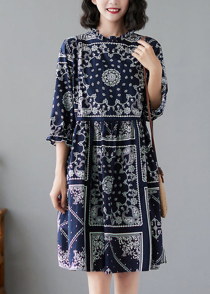 Elegant Navy Ruffled Print Linen Dresses Half Sleeve