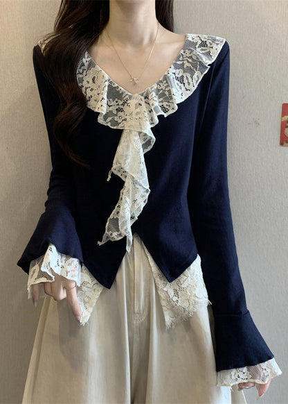Elegant Navy V Neck Lace Patchwork Cotton T Shirts Flare Sleeve