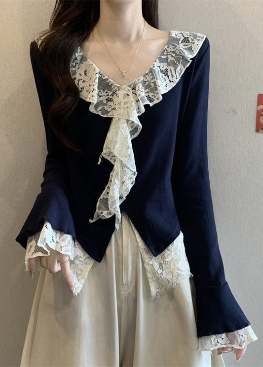 Elegant Navy V Neck Lace Patchwork Cotton T Shirts Flare Sleeve