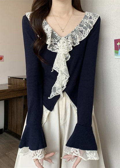 Elegant Navy V Neck Lace Patchwork Cotton T Shirts Flare Sleeve