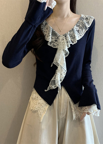 Elegant Navy V Neck Lace Patchwork Cotton T Shirts Flare Sleeve