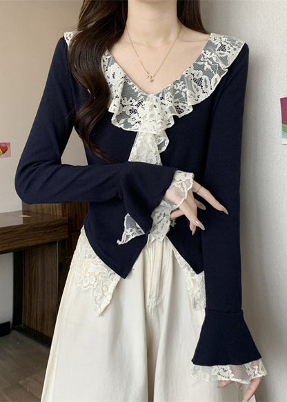 Elegant Navy V Neck Lace Patchwork Cotton T Shirts Flare Sleeve