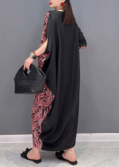 Elegant O-Neck Asymmetrical Print Patchwork Pockets Dresses Short Sleeve