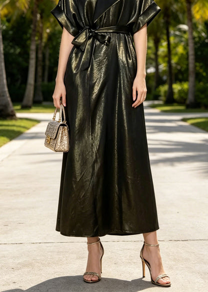 Elegant O Neck Lace Up Pockets Silk Long Dresses Summer