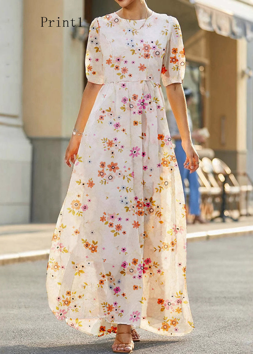 Elegant O Neck Print High Waist Cotton Long Dress Summer