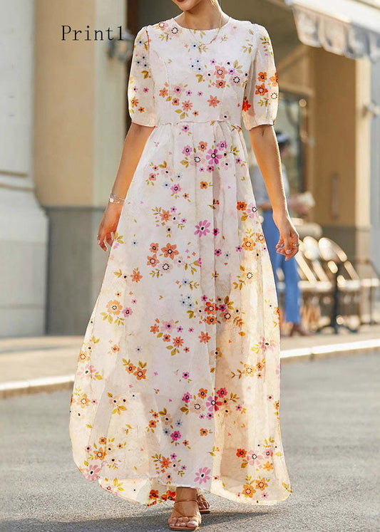 Elegant O Neck Print High Waist Cotton Long Dress Summer