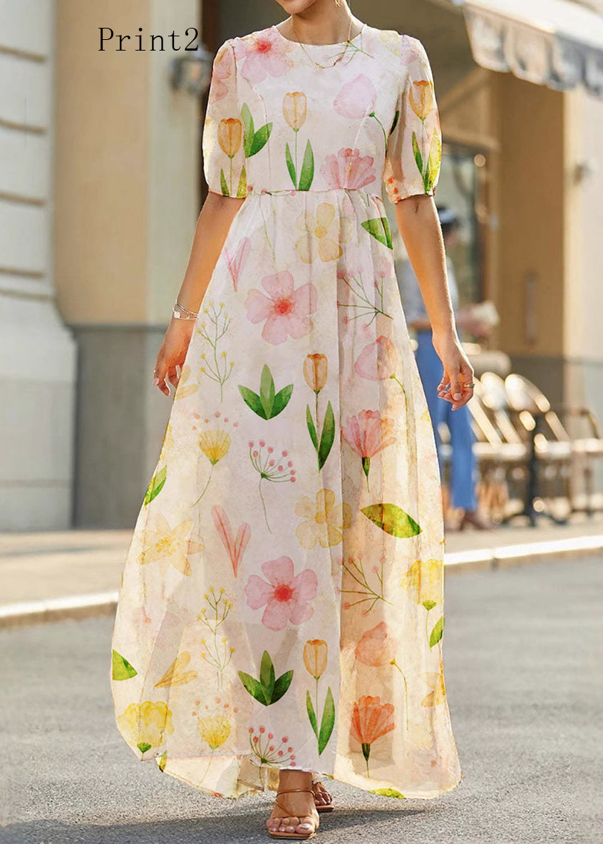 Elegant O Neck Print High Waist Cotton Long Dress Summer
