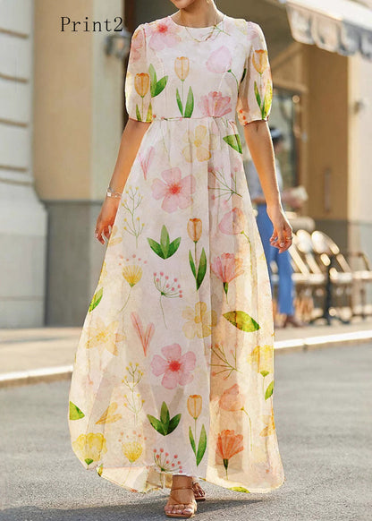 Elegant O Neck Print High Waist Cotton Long Dress Summer