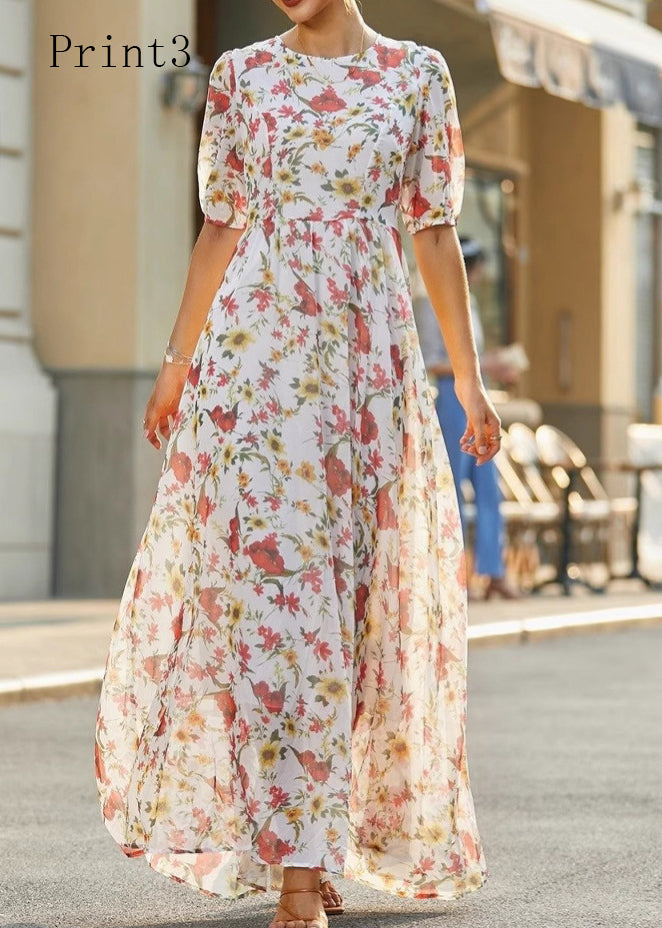 Elegant O Neck Print High Waist Cotton Long Dress Summer