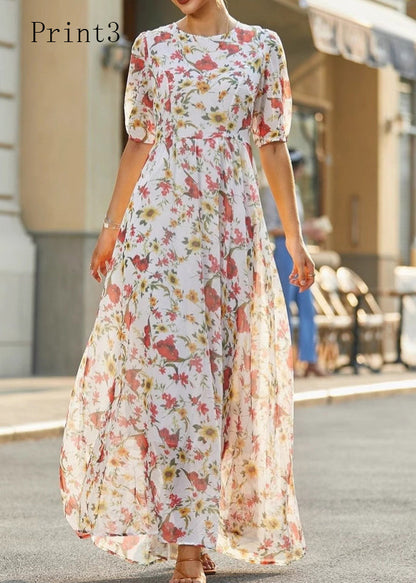 Elegant O Neck Print High Waist Cotton Long Dress Summer