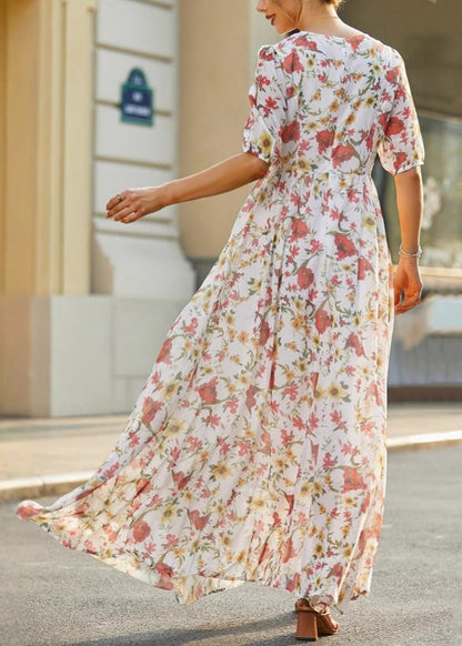Elegant O Neck Print High Waist Cotton Long Dress Summer