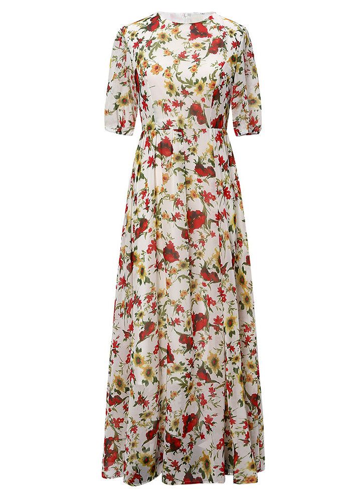 Elegant O Neck Print High Waist Cotton Long Dress Summer