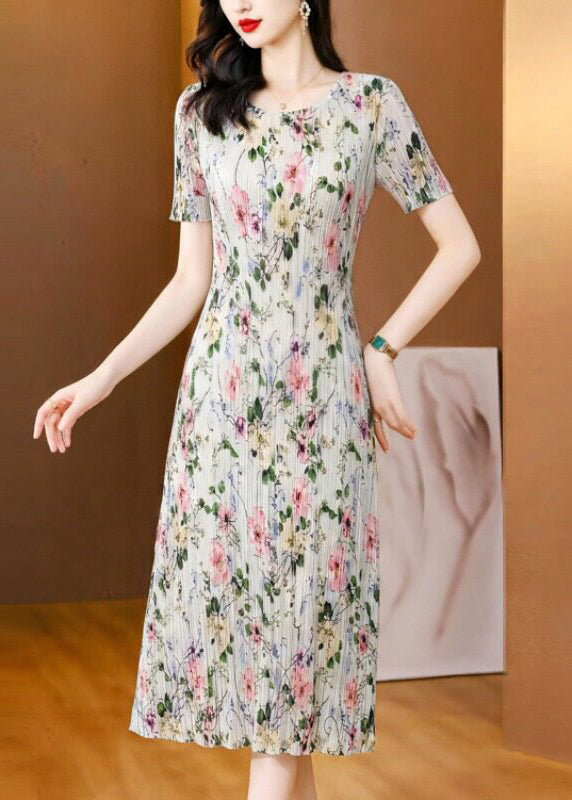 Elegant O-Neck Print Maxi Dress Short Sleeve