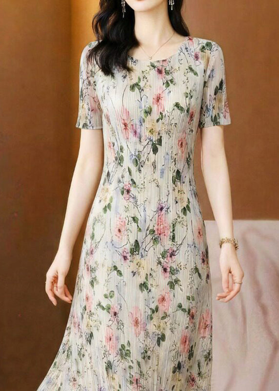 Elegant O-Neck Print Maxi Dress Short Sleeve