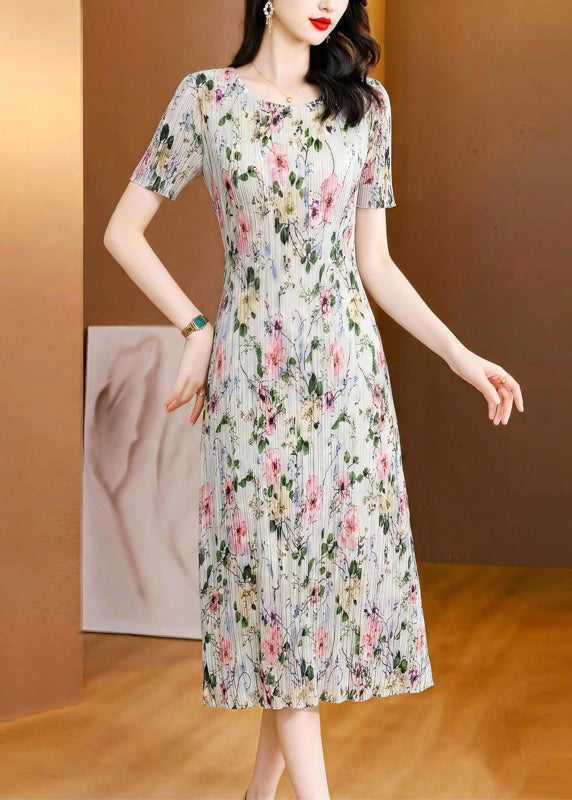 Elegant O-Neck Print Maxi Dress Short Sleeve