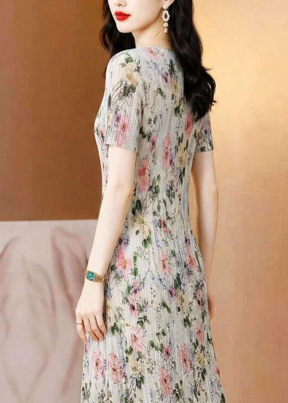 Elegant O-Neck Print Maxi Dress Short Sleeve