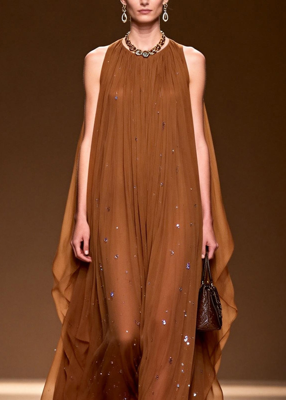 Elegant O Neck Zircon Chiffon Long Dress Sleeveless