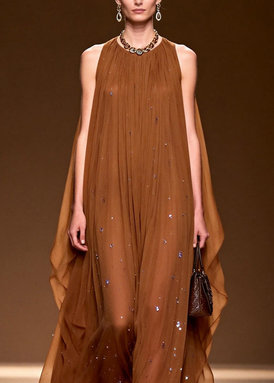 Elegant O Neck Zircon Chiffon Long Dress Sleeveless