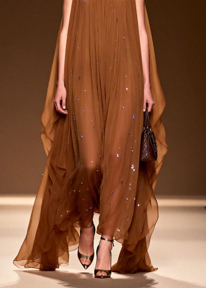Elegant O Neck Zircon Chiffon Long Dress Sleeveless