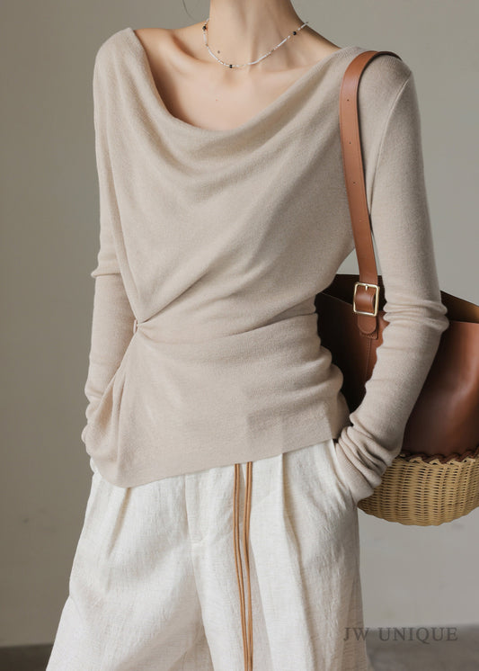 Elegant Oat Colored Collar Wool Knitted Top Spring