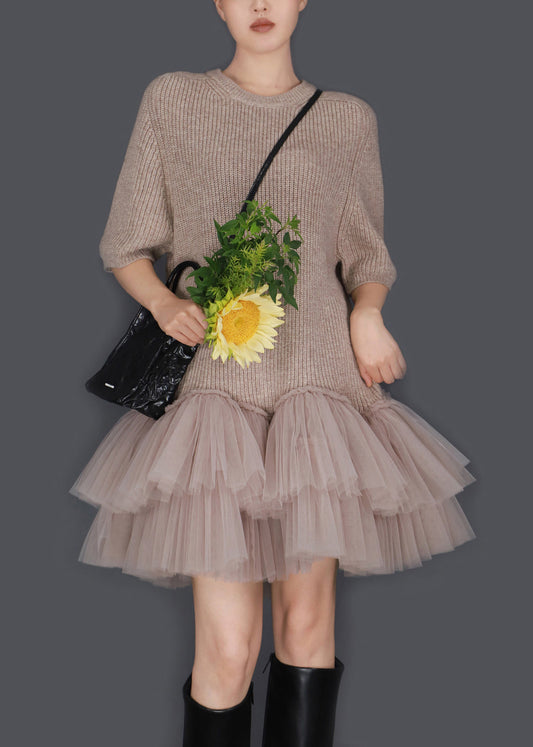 Elegant Oatmeal Color O Neck Wrinkled Tulle Patchwork Knit Sweater Dress