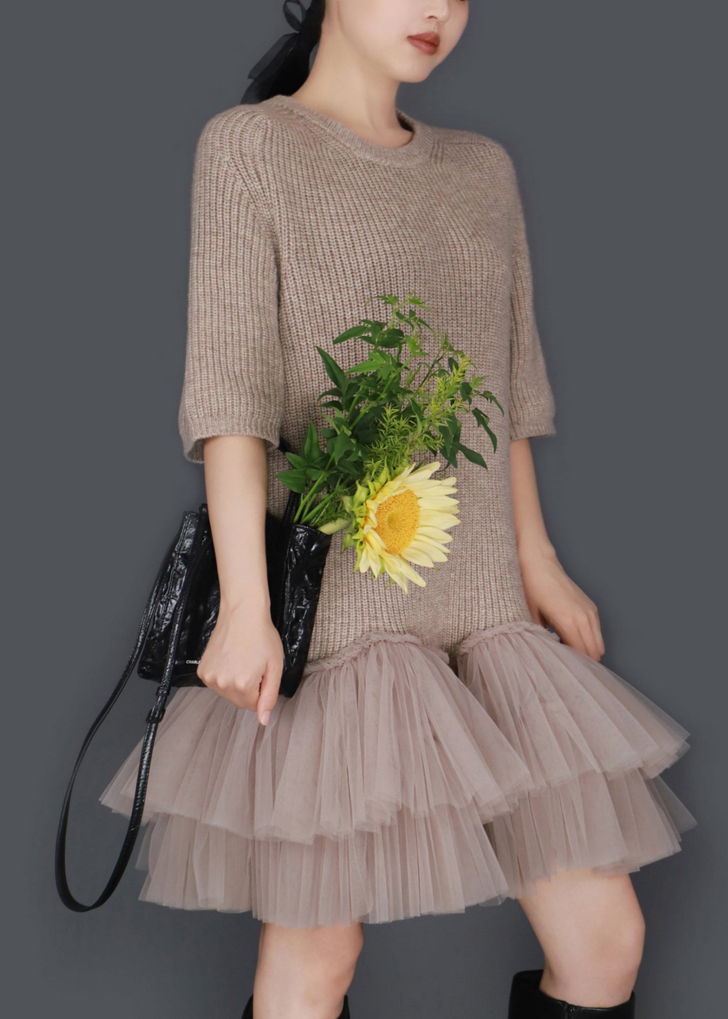 Elegant Oatmeal Color O Neck Wrinkled Tulle Patchwork Knit Sweater Dress