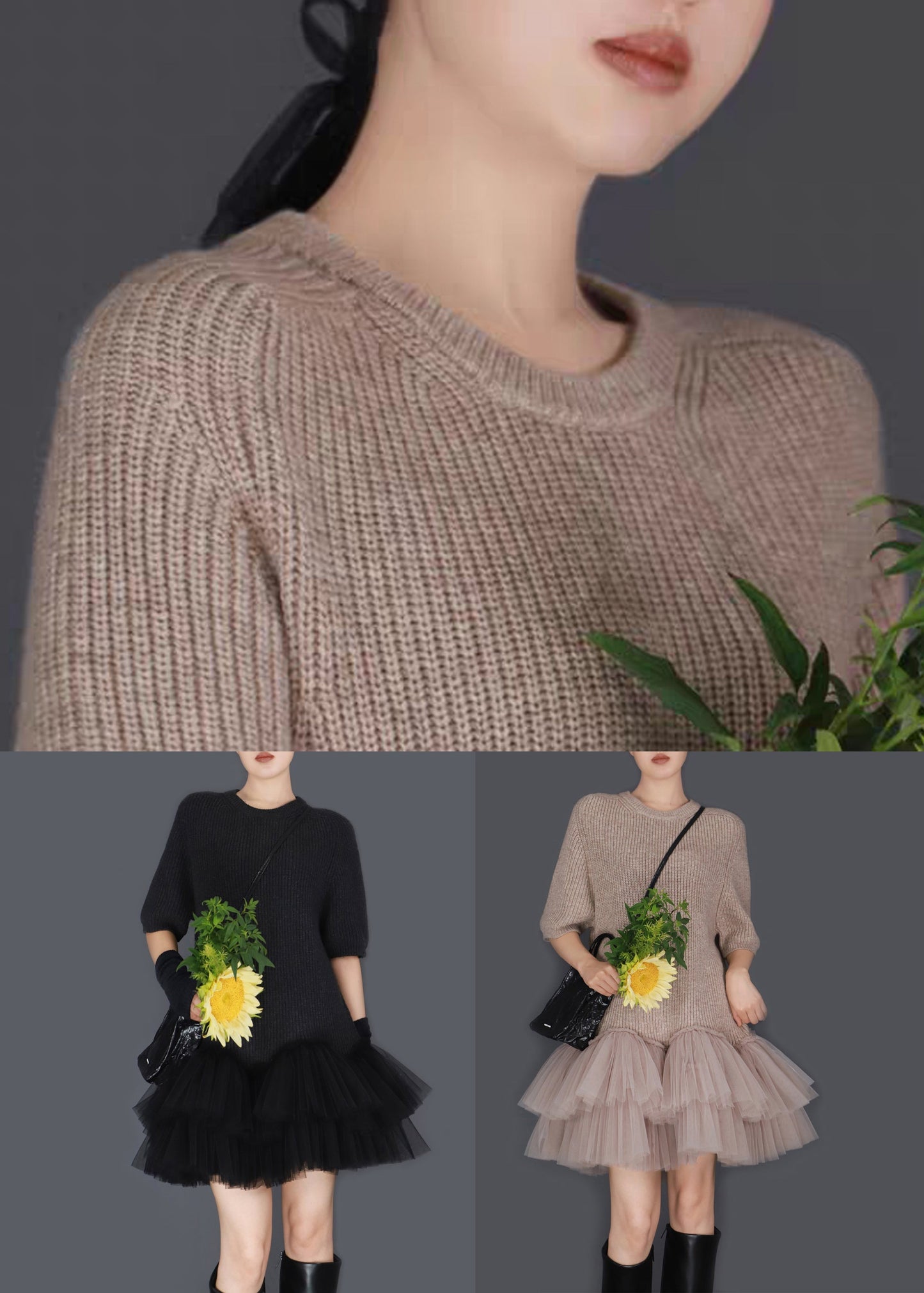 Elegant Oatmeal Color O Neck Wrinkled Tulle Patchwork Knit Sweater Dress