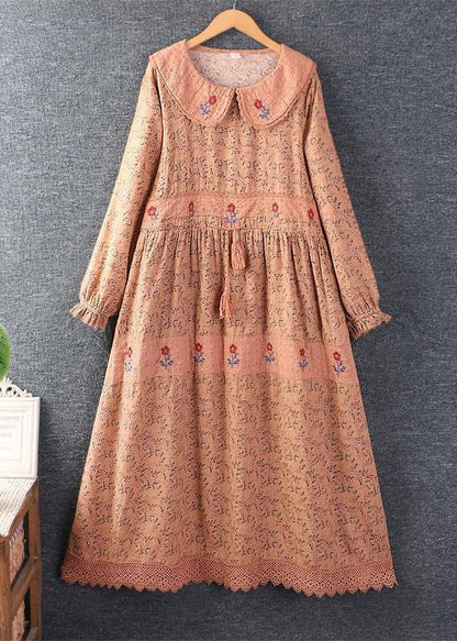 Elegant Orange print Tie Waist Pockets Linen Dresses Spring