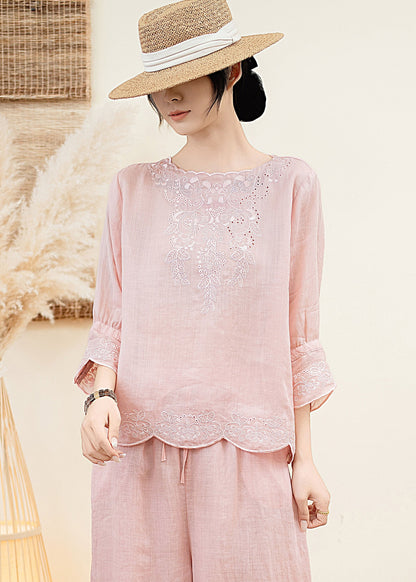 Elegant Orange O Neck Embroidered Linen Blouse Tops Summer