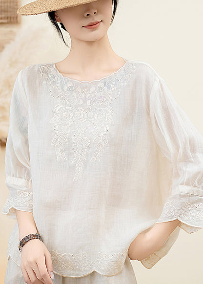 Elegant Orange O Neck Embroidered Linen Blouse Tops Summer