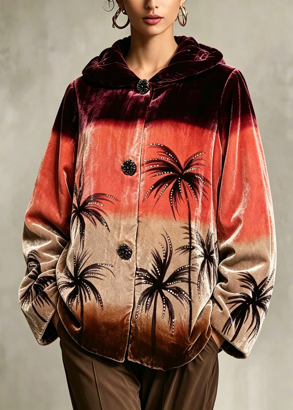 Elegant Orange Peter Pan Collar Print Button Down Jackets Winter