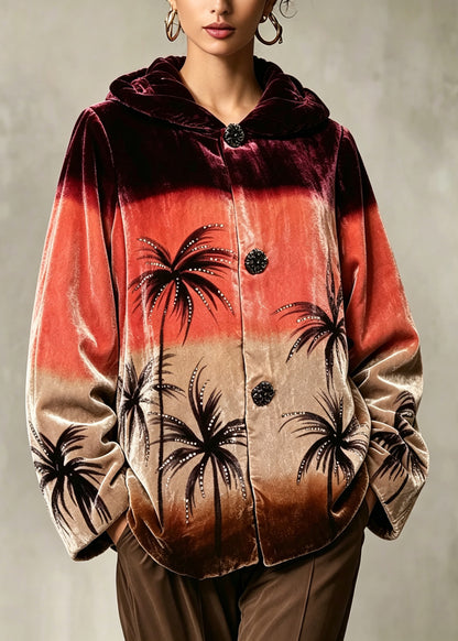 Elegant Orange Peter Pan Collar Print Button Down Jackets Winter