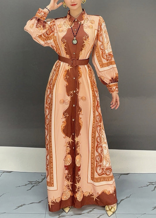 Elegant Orange Peter Pan Collar Print Cotton Maxi Dress Fall