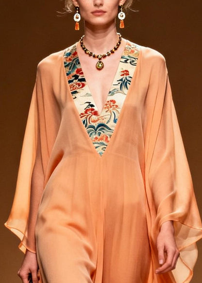 Elegant Orange V Neck Patchwork Chiffon Long Dress Summer