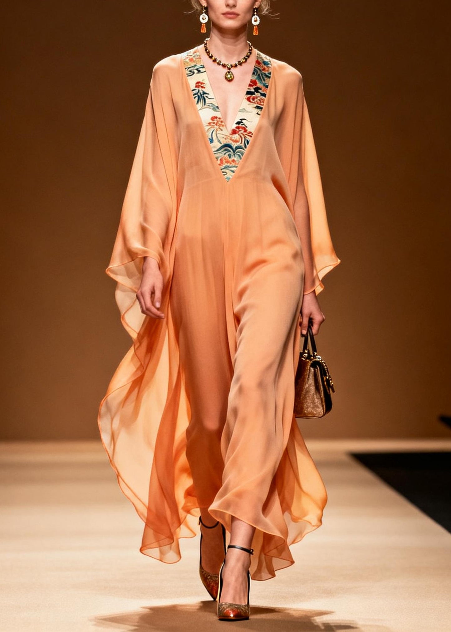 Elegant Orange V Neck Patchwork Chiffon Long Dress Summer