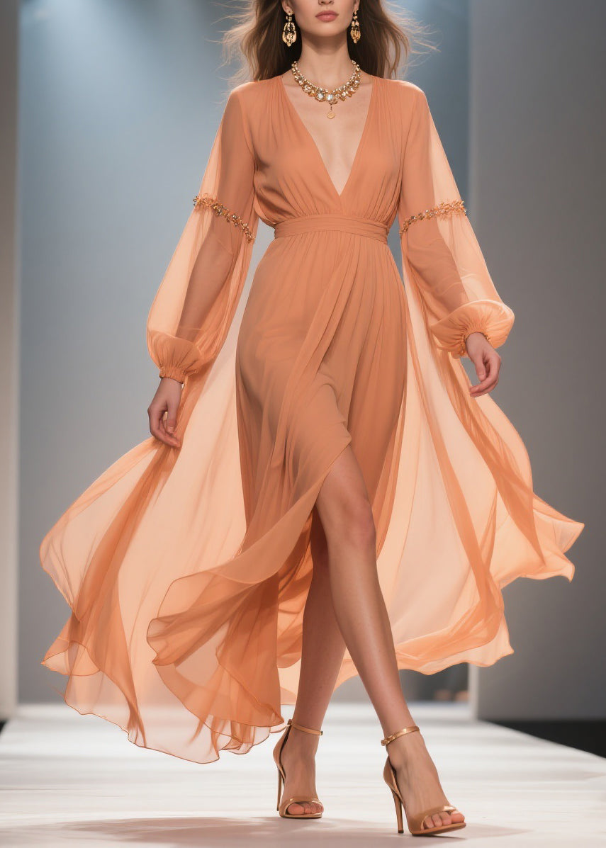 Elegant Orange Wrinkled Side Open Chiffon Long Dresses Spring