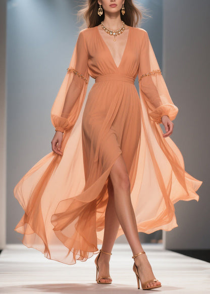 Elegant Orange Wrinkled Side Open Chiffon Long Dresses Spring