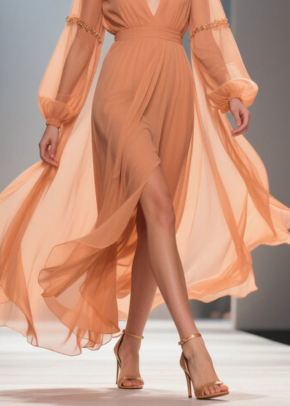 Elegant Orange Wrinkled Side Open Chiffon Long Dresses Spring