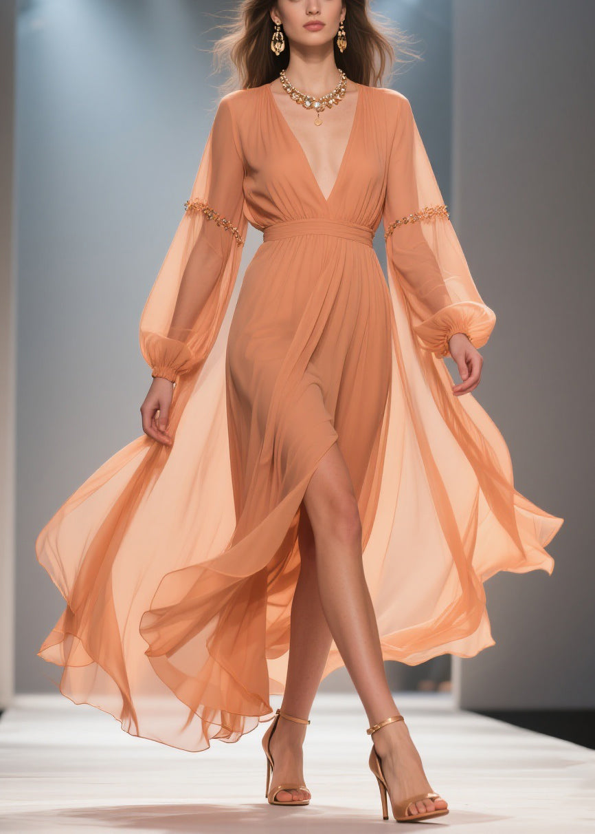 Elegant Orange Wrinkled Side Open Chiffon Long Dresses Spring