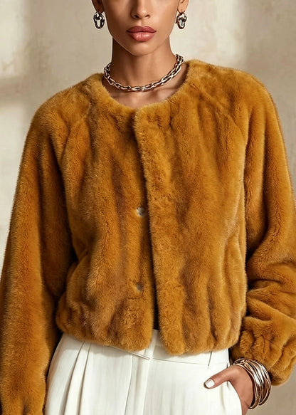 Elegant Orange Yellow O Neck Faux Fur Short Coat Winter