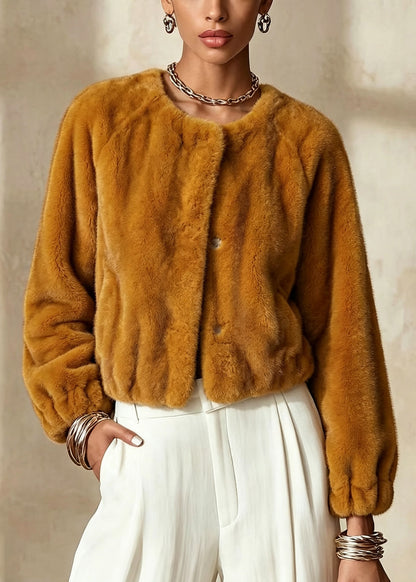 Elegant Orange Yellow O Neck Faux Fur Short Coat Winter